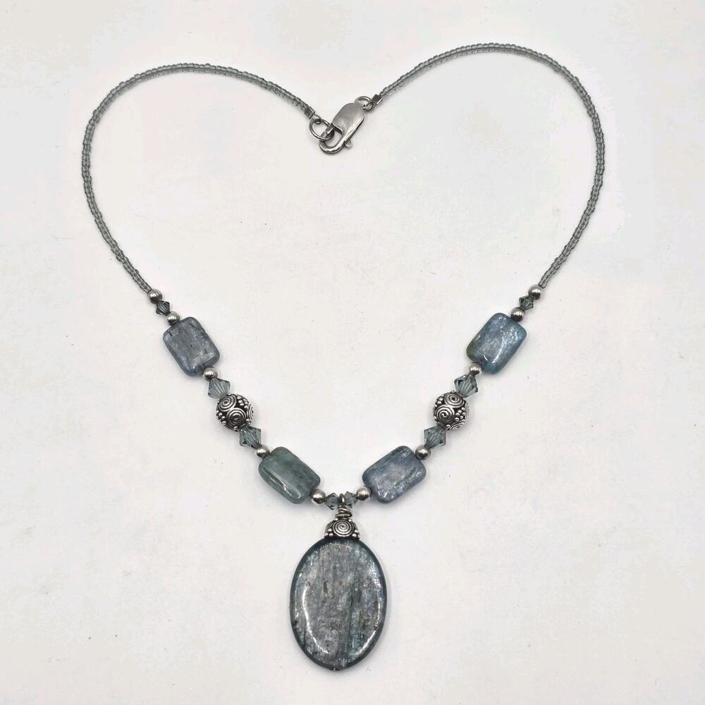 Sterling Silver Blue Kyanite Pendant Necklace Beaded Chain 25.6g 16 Inches